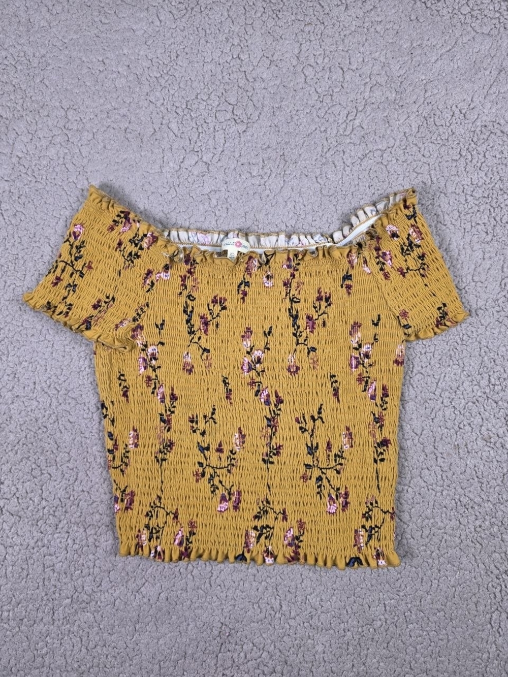 Wishful Park Mustard Floral Off-Shoulder Crop Top